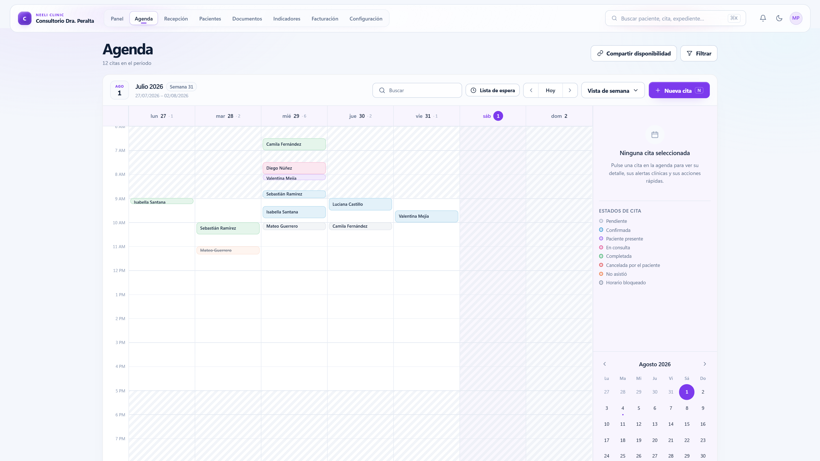 Agenda real con disponibilidad, citas y estados